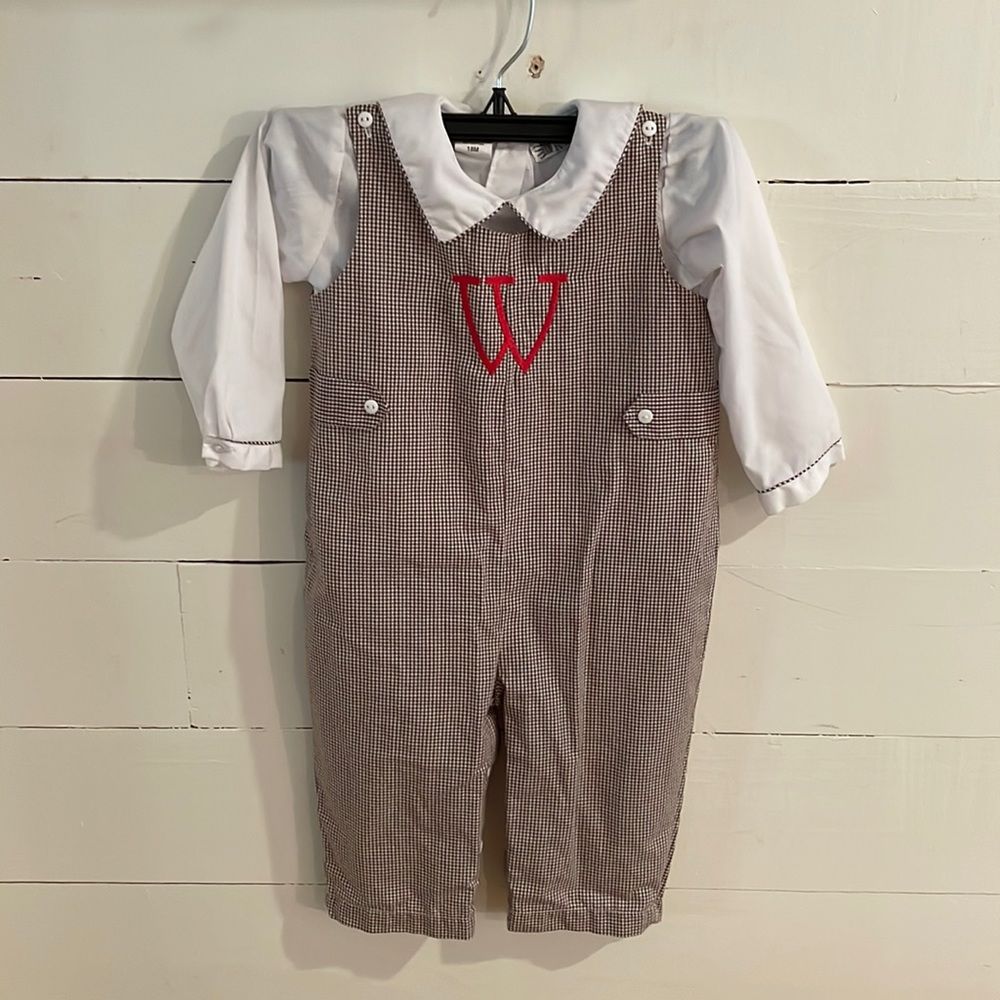 Royal Kidz Brown Gingham Monogrammed “W” Jon Jon with Peter Pan Shirt, 18m